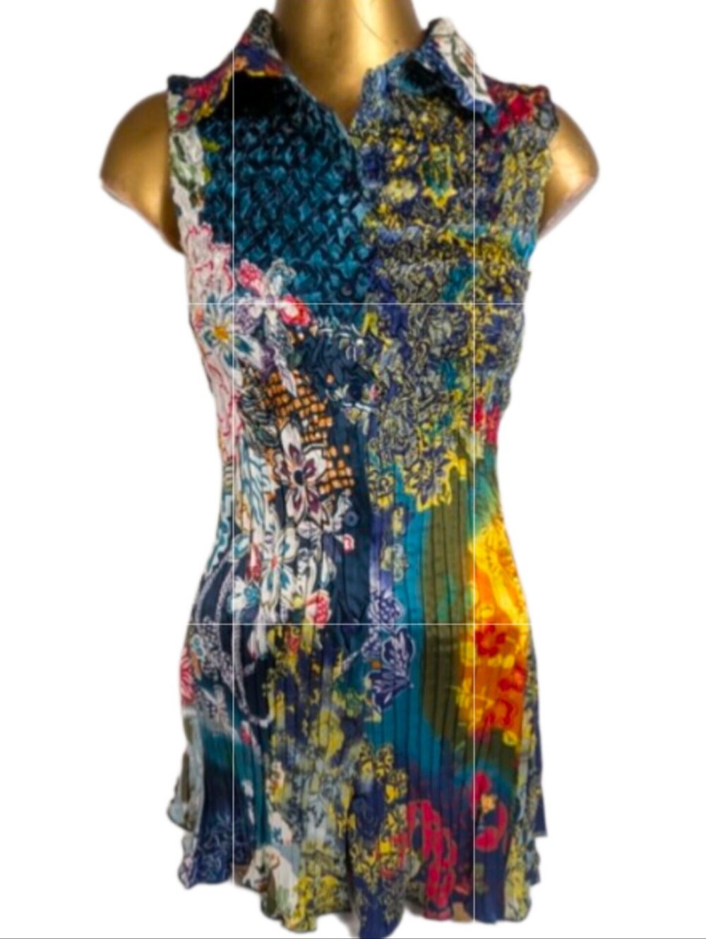 Alberto Makali Abstract Floral Multicolor Front Button Sleeveless Tunic Medium